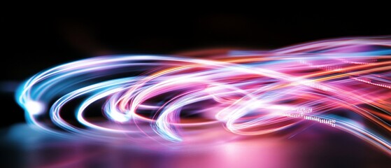 Wall Mural - Abstract swirling light trails in vibrant pink, blue, and orange hues on a black background.