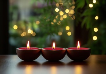 Warm Glow of Three Candles with Soft Bokeh Lights in Background