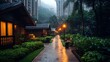 © Heng Heng - AI Stock - A Hidden Tropical Retreat in the Heart of the City Cozy Bungalows Surrounding a Lush Garden Courtyard Offering a Peaceful Escape from the Towering Metropolis