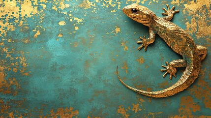 Golden lizard crawling on a grungy turquoise wall