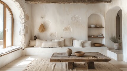 Poster - Interior design of modern living room. Rustic sofa and coffee table in room, with white stucco walls.