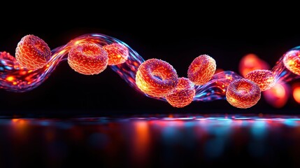 Aufkleber - Glowing Red Cells Flowing in Neon Stream Abstract Science Background