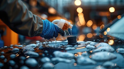 Leinwandbilder - A person refilling the windshield washer fluid reservoir in a car.