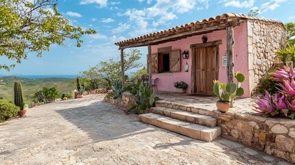 Wall Mural - A captivating photograph showcasing a rustic resort surrounded by a lush dragon fruit orchard featuring unique cactus like trees and vibrant pink fruits