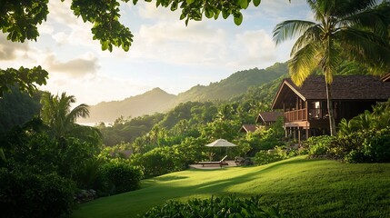 Wall Mural - Serene Avocado Orchard Resort with Lush Greenery and Hammocks Inviting Tranquil Relaxation  A peaceful retreat nestled amid a verdant avocado grove offering a haven for those seeking rest relaxation