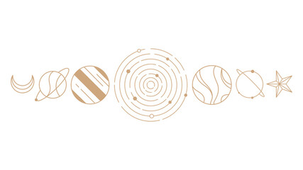 gold celestial png clipart, mystic line art style for planner, transparent background