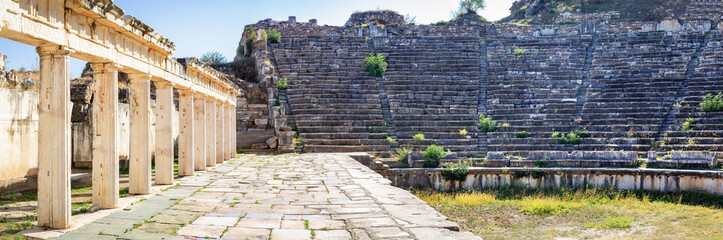 Wall Mural - Panoramic view of the ancient theater at Aphrodisias, showcasing stone seats, columns, and scenic surroundings. Geyre, Aydin, Turkey (Turkiye)