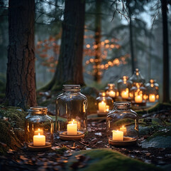 Wall Mural - Glass jars lanterns different sizes in dark forest. on ground.