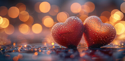 Poster - Two glistening red hearts covered in dew drops placed closely together on a wet surface, surrounded by warm bokeh lights in the background. The glowing golden hues create a romantic and ambiance.