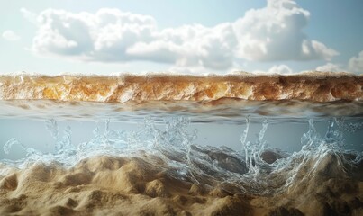 Wall Mural - Sandy beach underwater scene, clear water, cloudy sky.