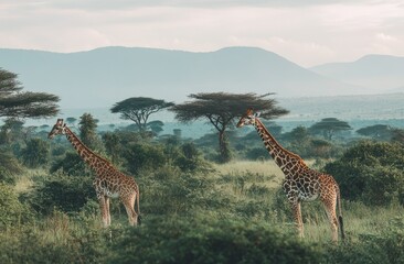 Canvas Print - Two giraffes with their necks intertwined, standing in the green vegetation of an African savannah.