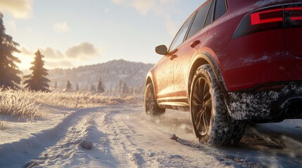 Wall Mural - Red SUV Driving on Snow Covered Road, Winter Wonderland Adventure with Morning Sun Light