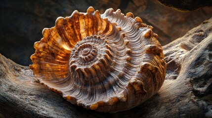 Wall Mural - Spiral shell rests on weathered wood.