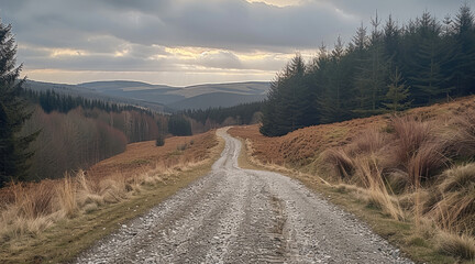 Wall Mural - Landscape with a hilly gravel road, forest and hills in the background. Cloudy sky.