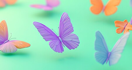 Wall Mural - colorful butterflies flying in the air on a green background