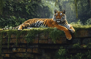 Poster - A majestic tiger lounging on the moss-covered stone wall of its enclosure, surrounded by lush green foliage and shimmering water in an enchantingly magical zoo setting