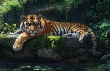 Poster - A majestic tiger lounging on the moss-covered stone wall of its enclosure, surrounded by lush green foliage and shimmering water in an enchantingly magical zoo setting