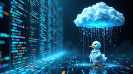 A cute duck standing on a cloud of data with code flowing around it, symbolizing DuckDB.