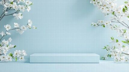 Wall Mural - Elegant display with cherry blossom branches on blue backdrop