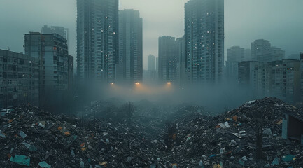 Aufkleber - A futuristic skyline, with numerous high-rise buildings, as seen from a distance through the fog, beyond huge piles of trash, dark and devoid of any plants or trees, at dusk fading light.