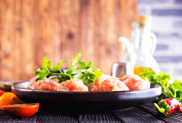 Poster - Raw meatballs on plate on a table, close up