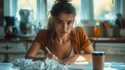 Leinwandbilder - a 30-year-old woman writing a letter on a kitchen table, with a sad but determined expression, crumpled sheets of paper nearby.