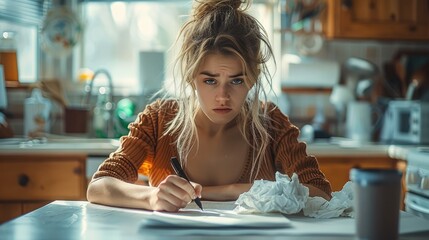 Leinwandbilder - a 30-year-old woman writing a letter on a kitchen table, with a sad but determined expression, crumpled sheets of paper nearby.