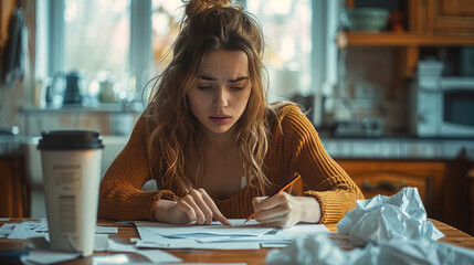 Leinwandbilder - a 30-year-old woman writing a letter on a kitchen table, with a sad but determined expression, crumpled sheets of paper nearby.