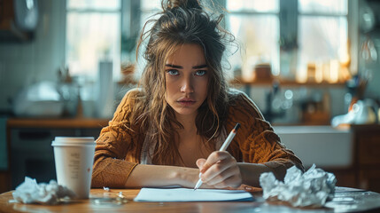 Leinwandbilder - a 30-year-old woman writing a letter on a kitchen table, with a sad but determined expression, crumpled sheets of paper nearby.