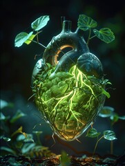 Poster - A flashing neon green object in the middle pulsing like a heartbeat with plants growing out of the heart.