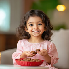 Wall Mural - A small Indian girl dressed in a pink gown, sitting in her house and eating round chocolates from a red hamper.