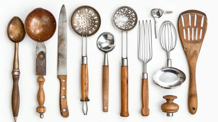 Wall Mural - A row of vintage kitchen utensils on a white background.