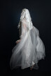 © faestock - full length portrait of beautiful blonde female model wearing  white fantasy snow fairy gown, silver queen crown, hooded cloak. Isolated walking pose, facing away looking back,  dark studio background