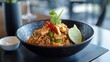 © Natchanok - Delicious Chicken Fried Rice Garnished with Lime and Fresh Herbs in Elegant Bowl thai food