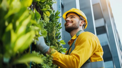 Wall Mural - A man engineer works on carbon-neutral buildings, ensuring sustainable designs for urban development projects