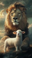 Wall Mural - majestic lion and lamb together in serene landscape, peaceful and symbolic composition, natural and bold focus, detailed and elegant design