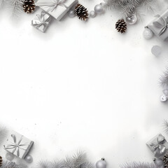 Wall Mural - christmas gifts with silver ribbons, pine cones, spruce and fir branches and decorations on white sn