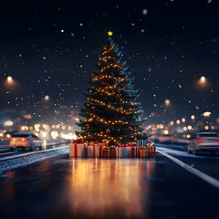 Wall Mural - Decorated Christmas tree with gifts on a highway with cars passing by at night.