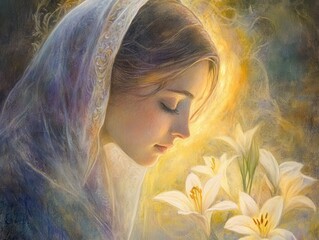 Wall Mural - holy moment captured in pastel religious art, gabriel glowing softly, lilies adding symbolic depth, 