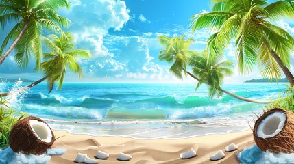 Wall Mural - An illustration of a tropical beach with palm trees and coconuts.