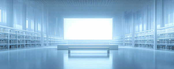 Wall Mural - serene library interior, abstract blue bookshelves & bright wall, minimalist bench