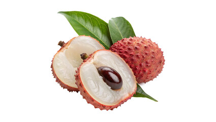 Wall Mural - Lychee with cut in half and leaves isolated on transparent background png