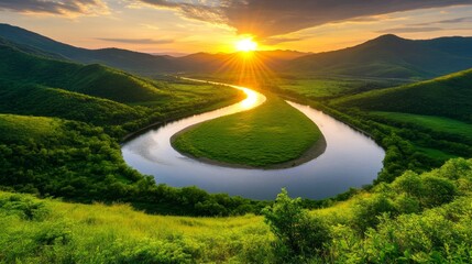 Fototapete - Serene Sunset River Valley - Peaceful sunset, meandering river, lush green valley, golden hour light, tranquil nature.