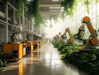 Wall Mural - a futuristic factory with robots surrounded by greenery, emphasizing sustainability.