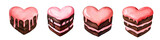 A collection of heart-shaped desserts featuring layers of chocolate and pink frosting, each with unique designs and textures.