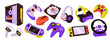 © Rudzhan - Videogame devices set. Stickers with gamepad, computer, VR glasses, headphones, game console and other remote control gadgets. Cartoon flat vector illustration collection isolated on background