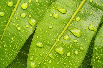 Wall Mural - Close-up of vibrant green leaves adorned with water droplets, showcasing the beauty of nature and freshness after rainfall.