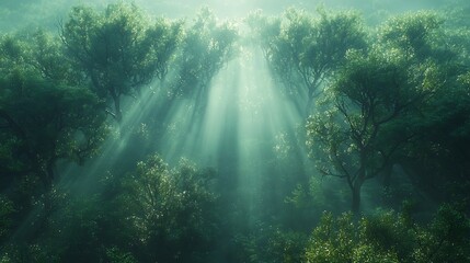 Poster - Misty Forest with Sunlight Beams Illuminating the Fog Mystical Nature Background