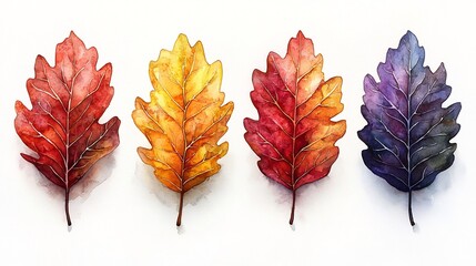 Wall Mural - Vibrant Watercolor Oak Leaves in Warm Autumn Tones on Clean White Background