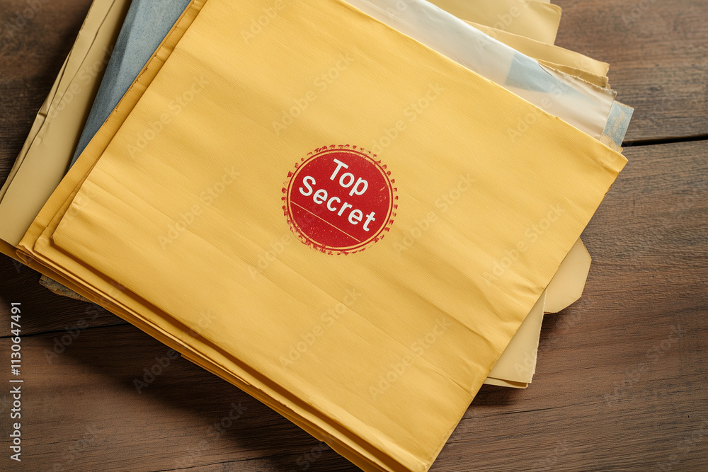 yellow folder with a red label that says Top Secret. The folder is on ...